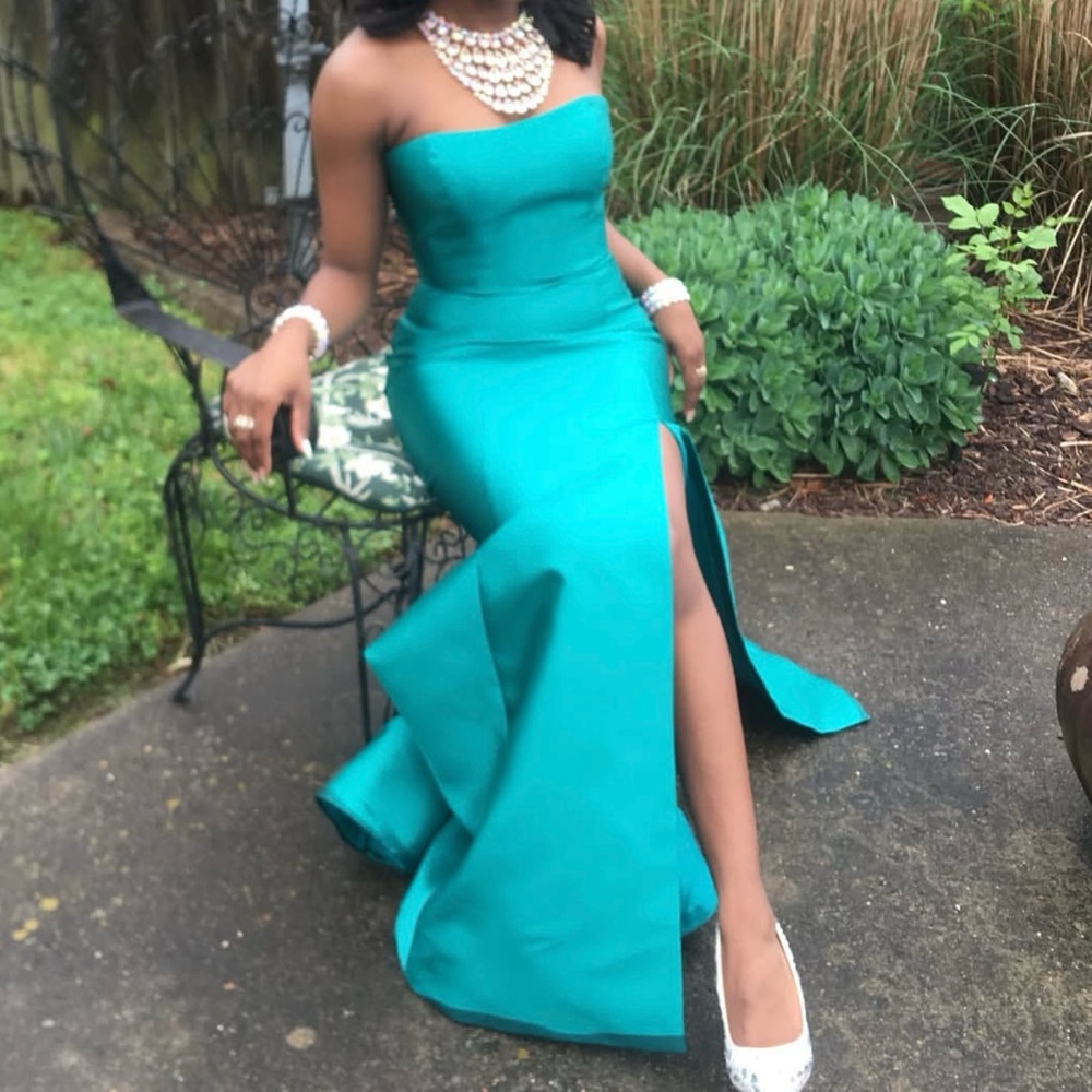 Sherri Hill Teal Strapless Maxi Dress